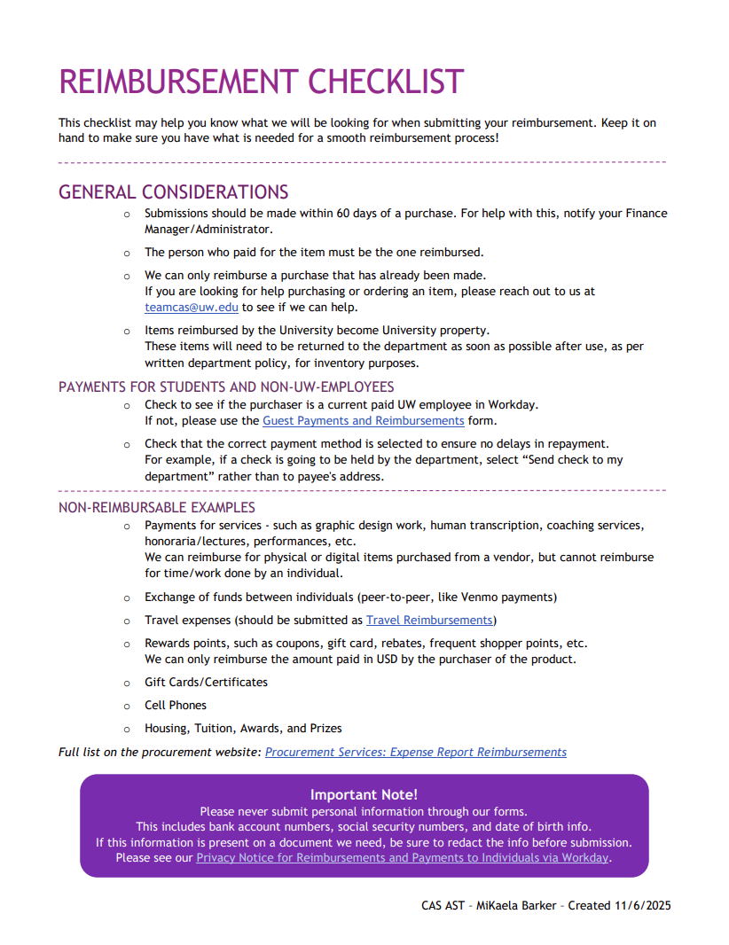 Purchase Reimbursement Checklist (Word Doc)