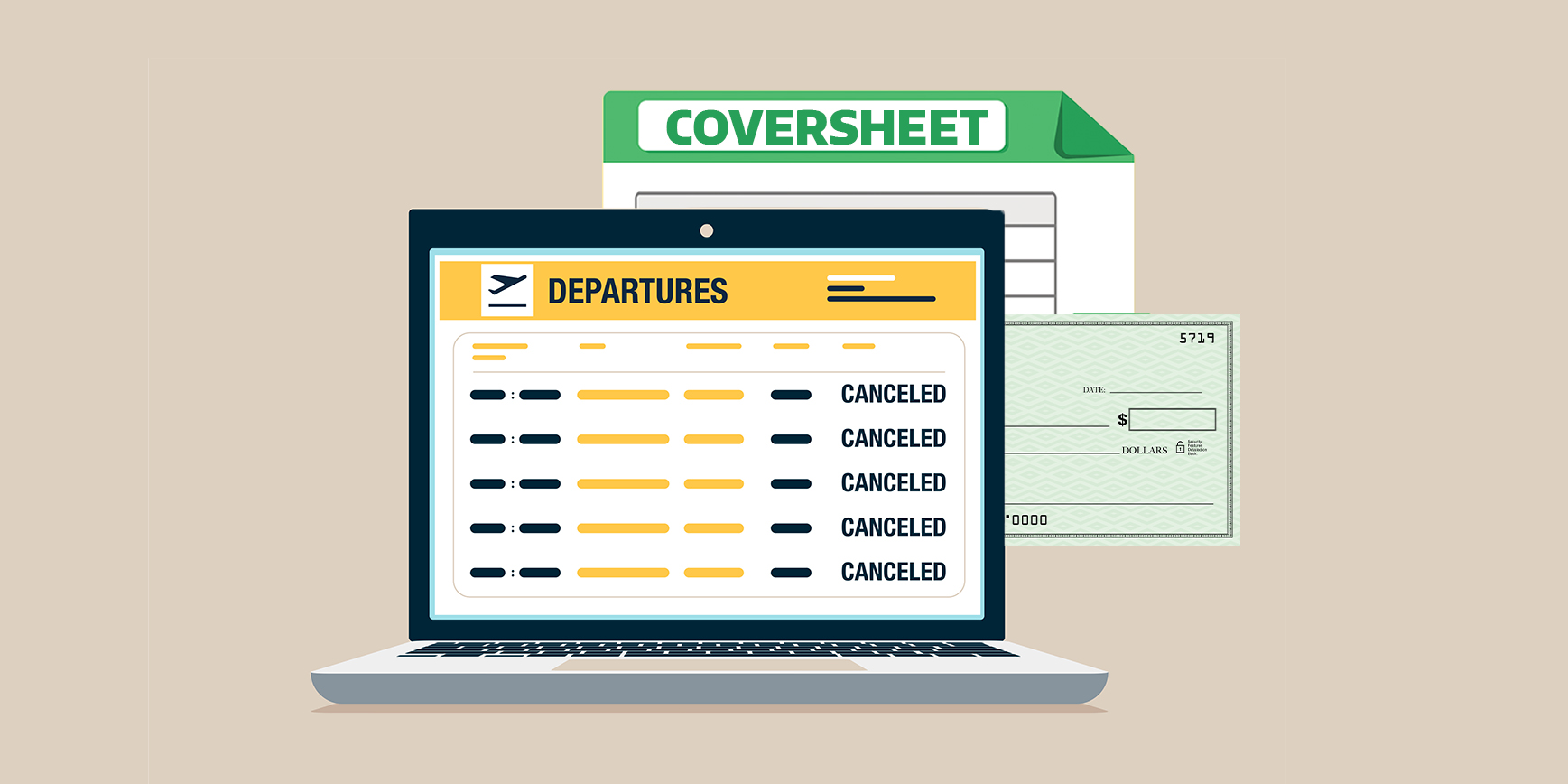 A laptop with a webpage of cancelled departure flights. Behind the laptop is an excel coversheet and a paper check.