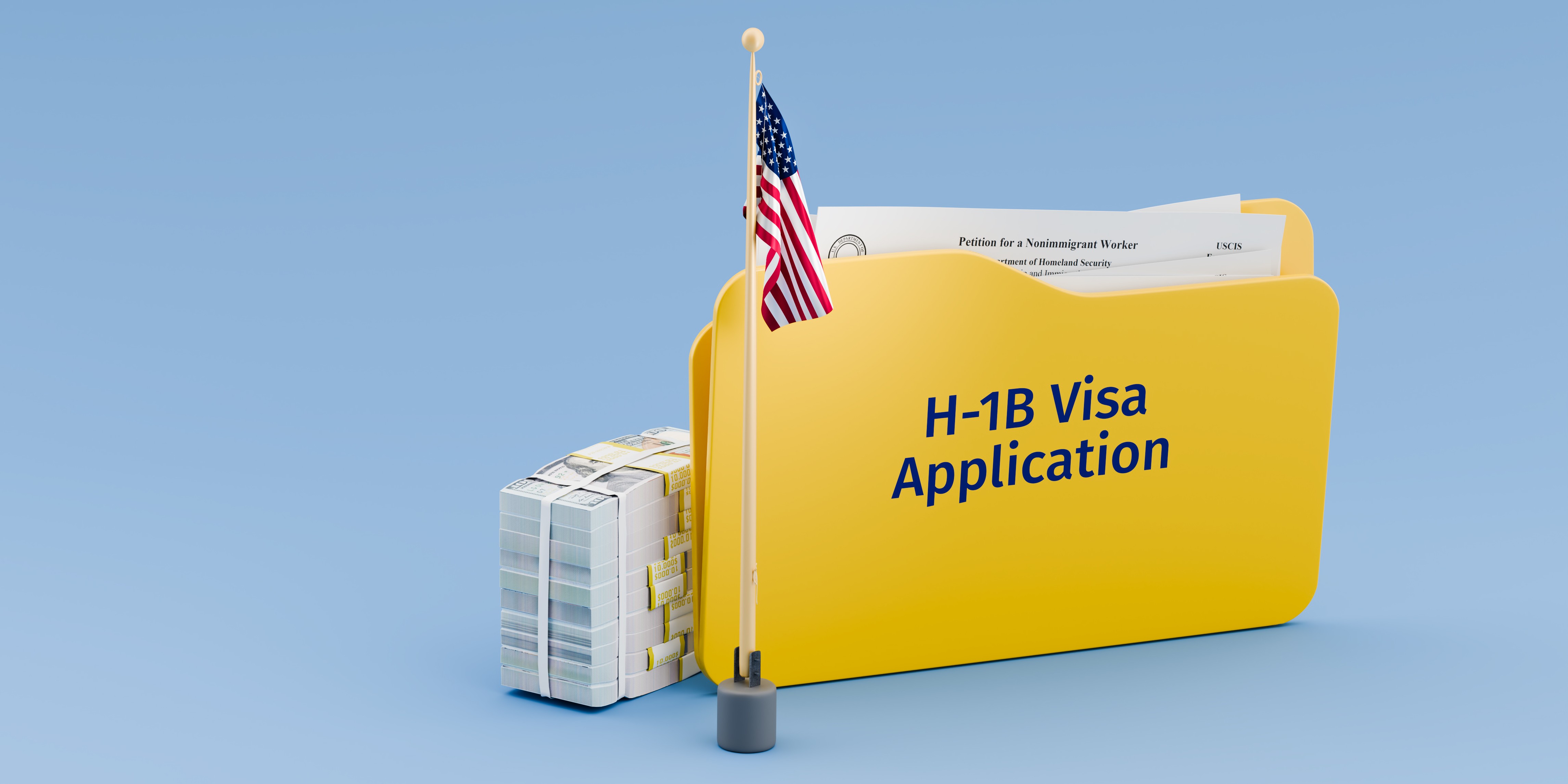 H-1B visa application folder with documents, a briefcase, and the U.S. flag