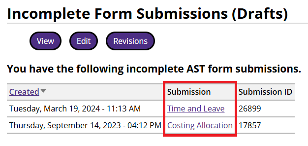 Accessing saved incomplete form submissions (drafts)