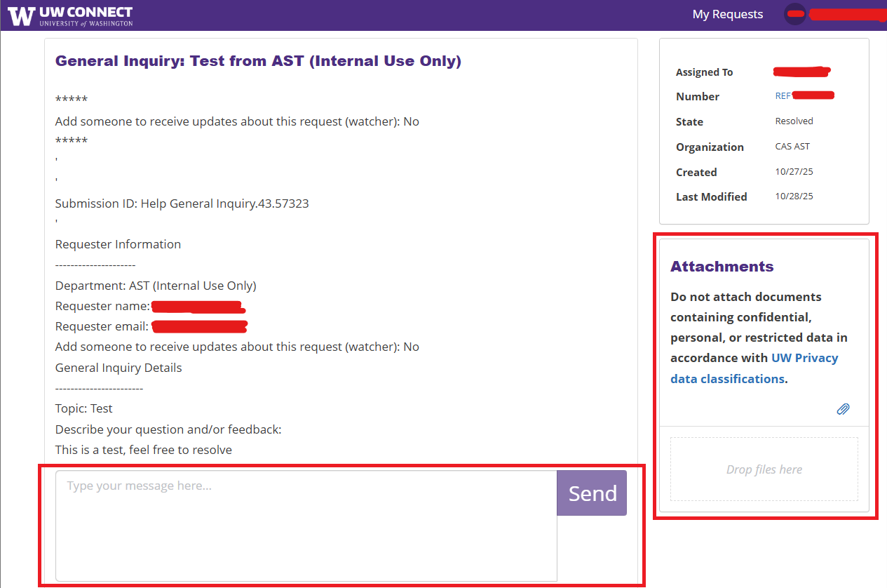 A view of a UW Connect ticket which shows the details of the request, the attachments, and previous messages.