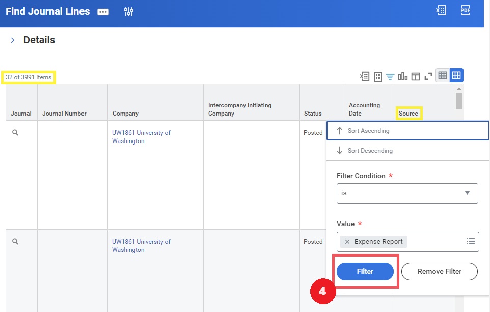 Find journal lines report results with the source being filtered for expense reports.