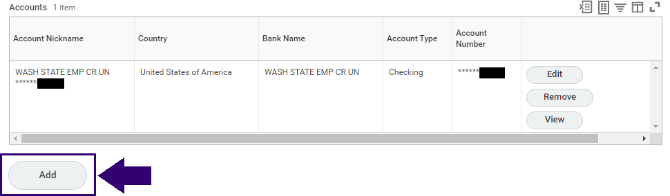 Screenshot of the "Accounts" table, with an arrow pointing towards the "Add" button below the table to add a new account.