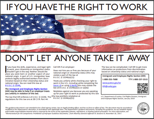 US Department of Homeland Security (DHS) Poster that announces if you have the right to work, don't let anyone take it away. 