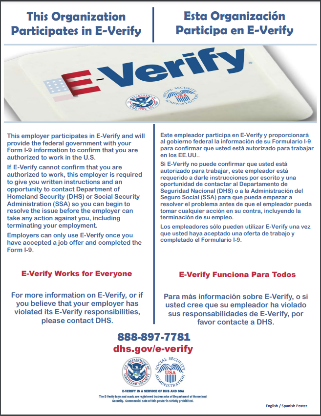 US Department of Homeland Security (DHS) Poster that announces this organization participates in the E-Verify. 