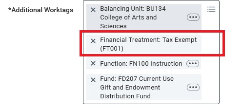 An example screenshot of the "Additional Worktags" field in an expense report with the Tax Exempt (FT001) worktag added.