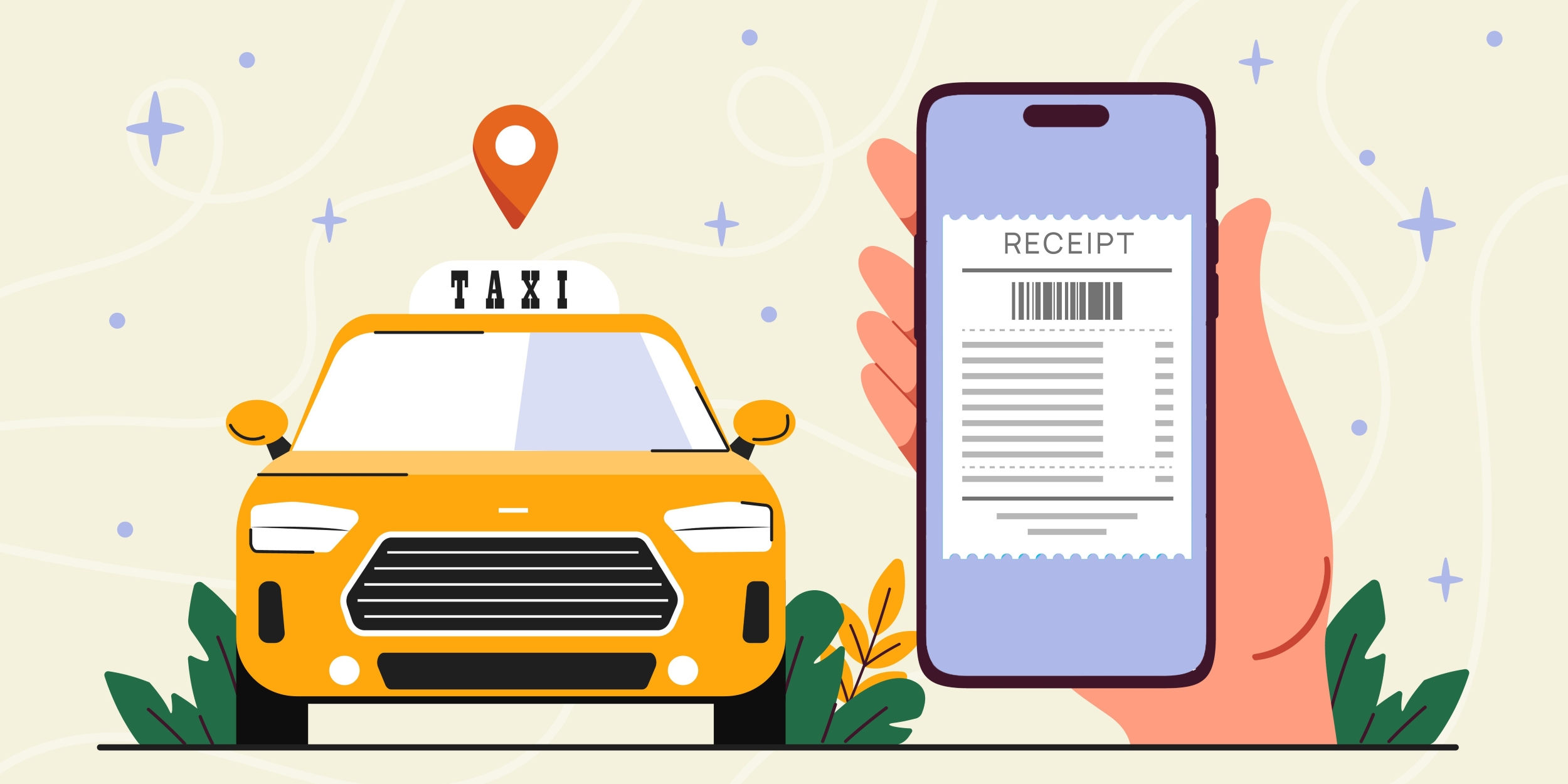 A taxi car service with a location icon hovering above it. To the right of the taxi, a hand is holding out a phone with a receipt on the screen.