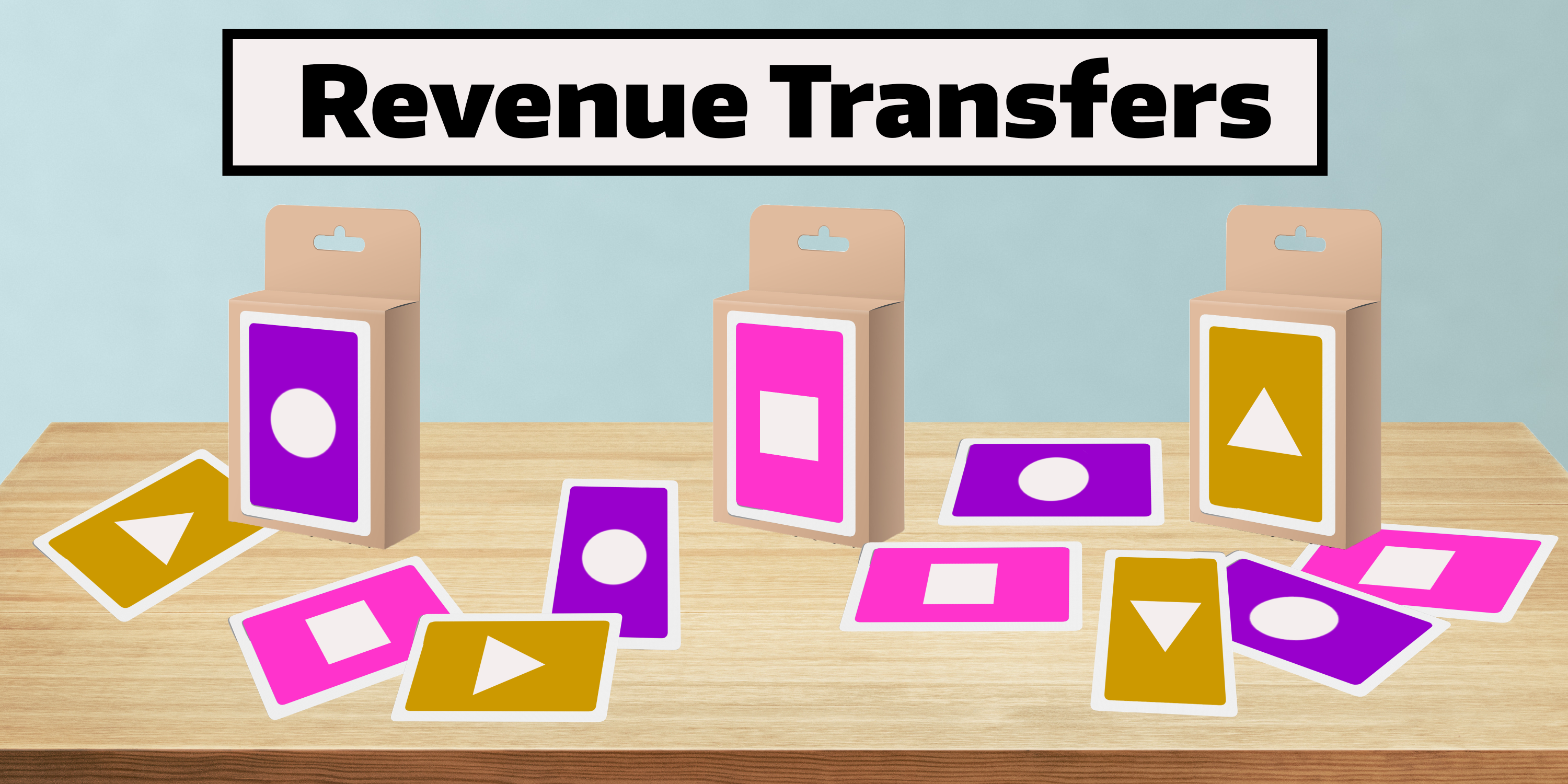 A table with three decks of cards with different colors scattered across a table. On the wall is a banner that says, "Revenue Transfers"