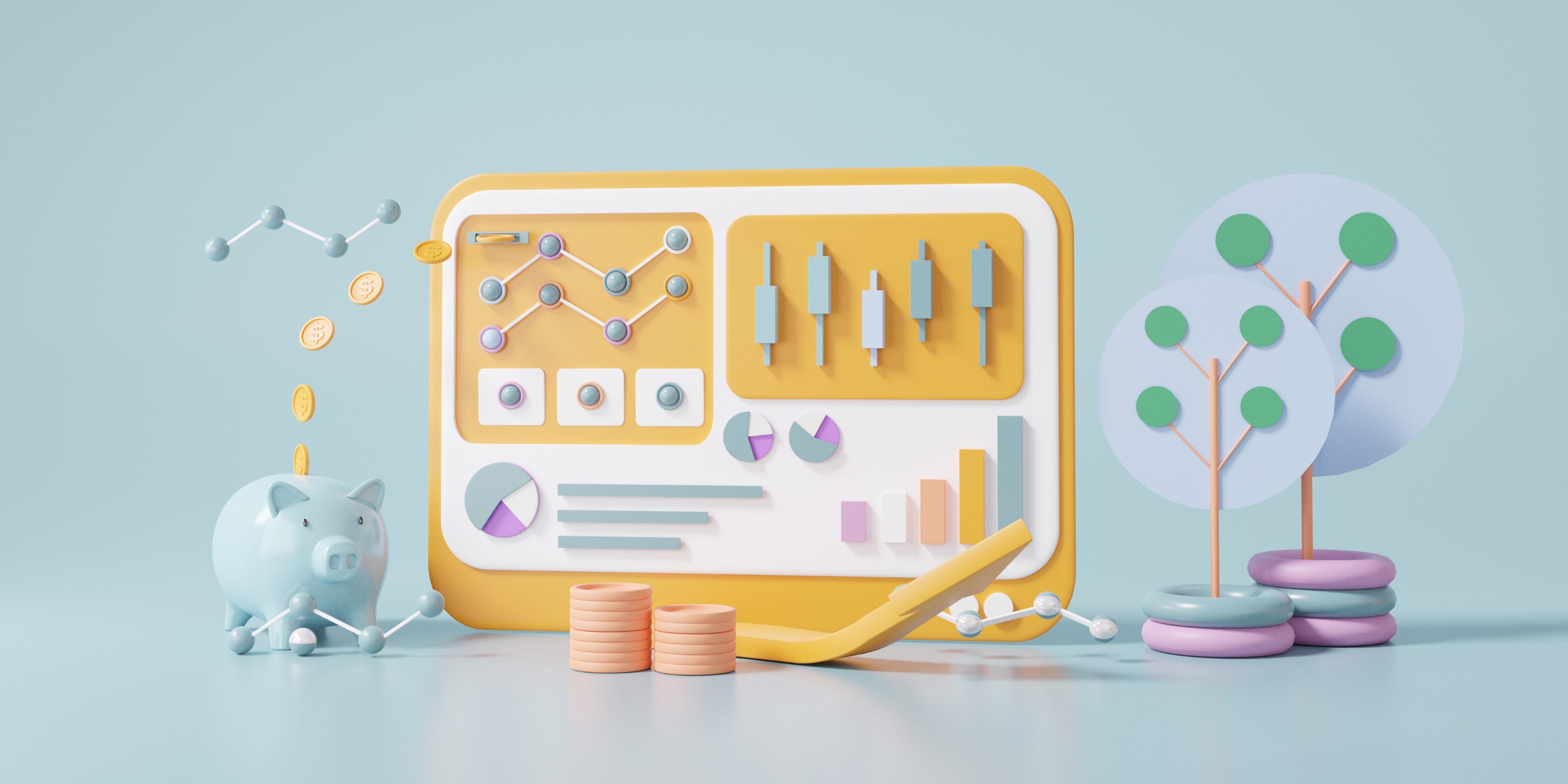 A piggy bank with coins with charts next to it
