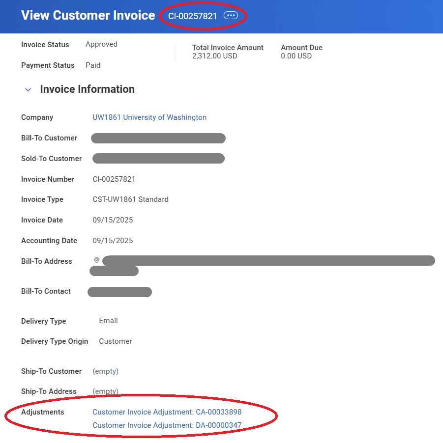 An example Customer Invoice in Workday which has been corrected with both a Debit Adjustment (DA) and Credit Adjustment (CA)