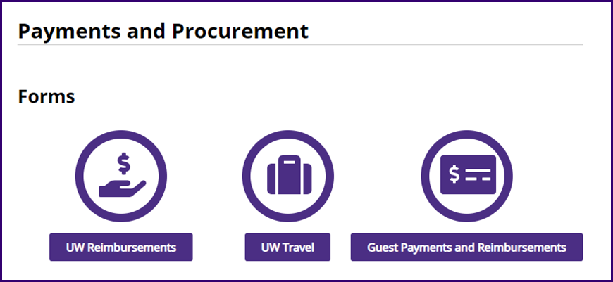 AST's Payments and Procurement page showcasing three forms: UW Reimbursements form, UW Travel form, and Guest Payments and Reimbursements form