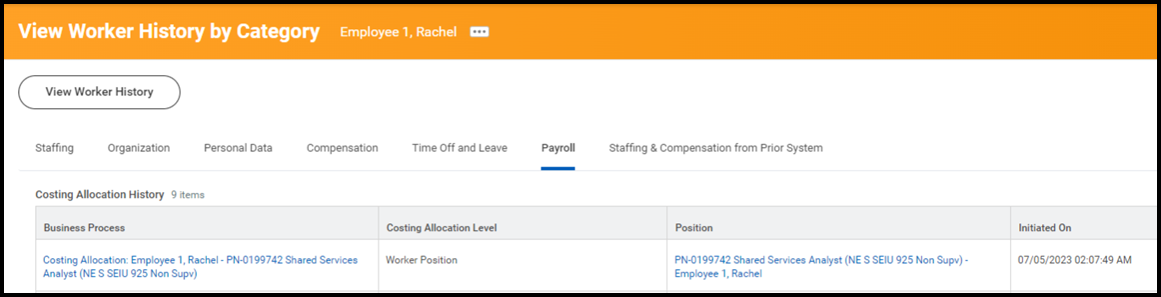 Visual example of the "View Worker History by Category" screen to view active work tags for employee costing