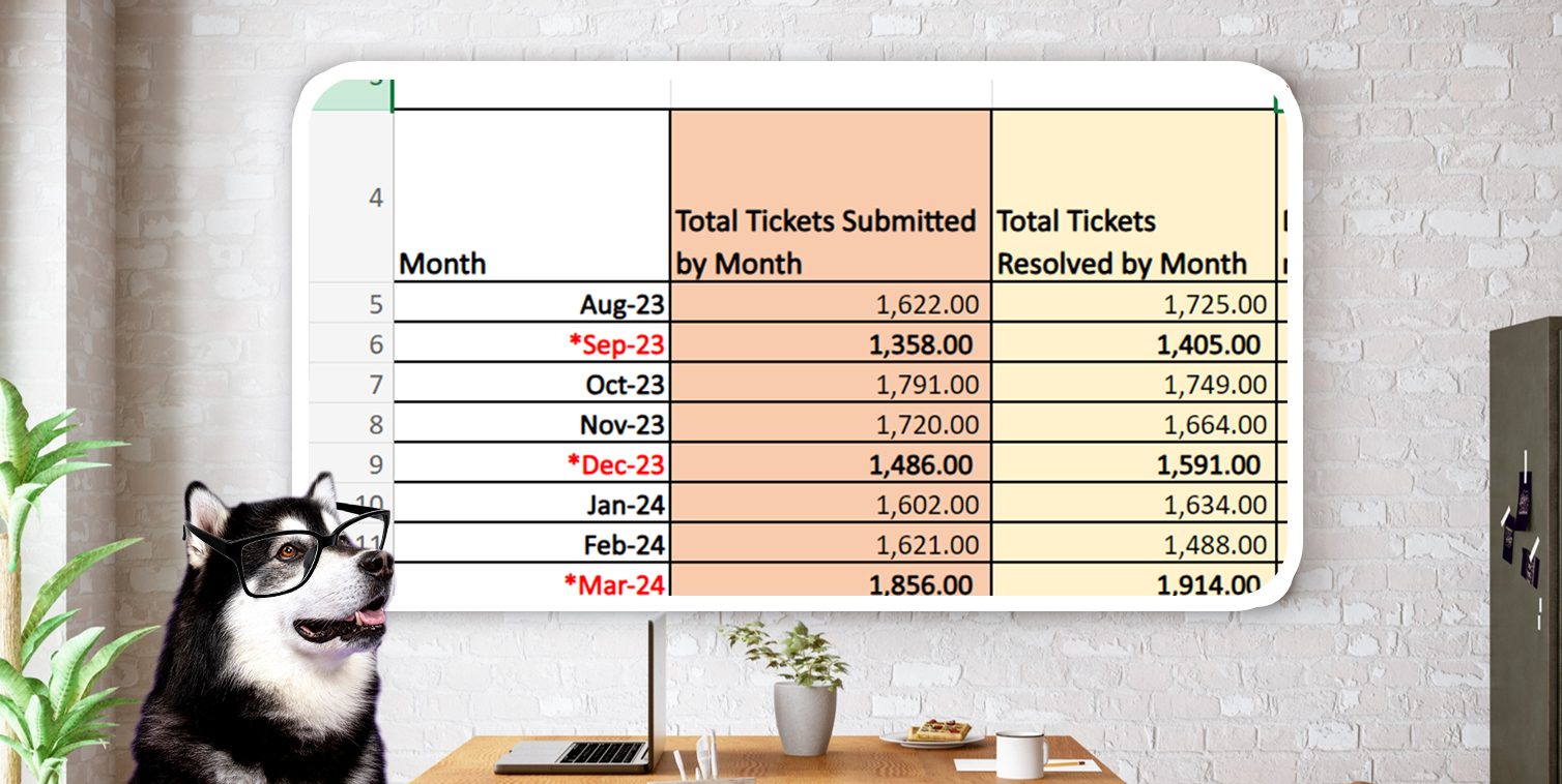 Dubs wearing glasses while looking at a excel spreadsheet of data, which depicts the ticket volume of monthly submissions and monthly ticket resolutions