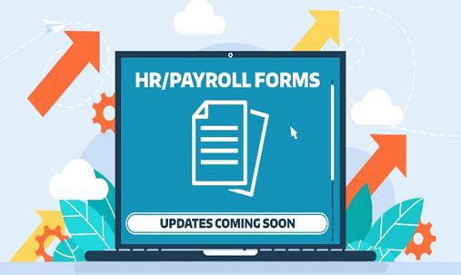 Laptop screen displaying "HR/Payroll Forms" and "Updates Coming Soon" with a background of arrows, gears, and leaves.
