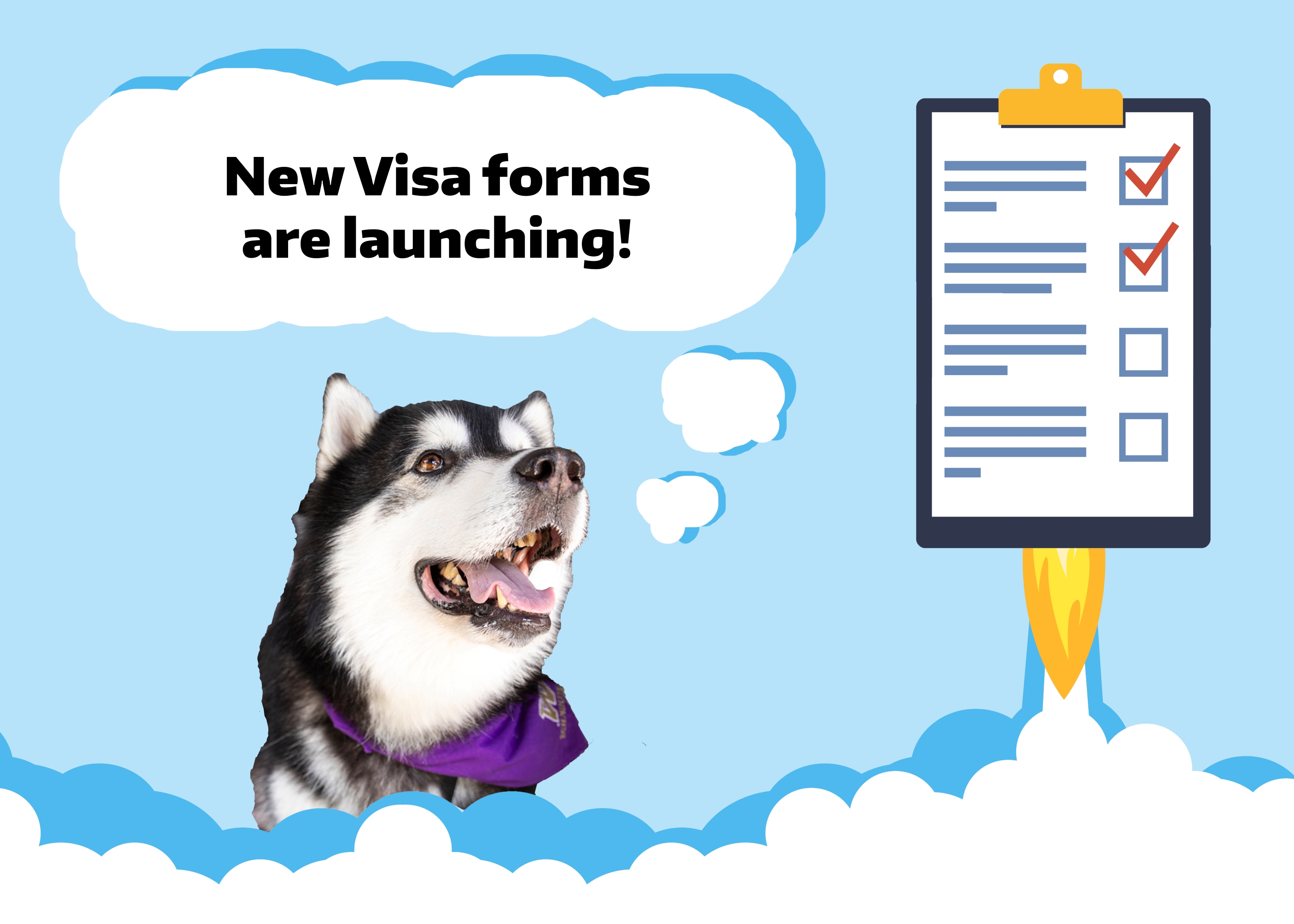 Dubs looking at a form launching into the air and thinking, "New Visa forms are launching!"