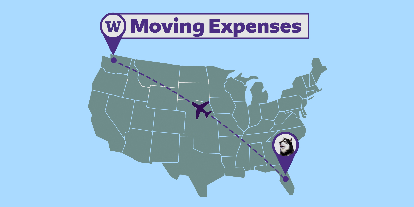 A map of the United States, showing Dubs pinned in Florida with a flight route to Seattle, Washington where UW is pinned on a map. On the top is a banner that says "Moving Expenses"