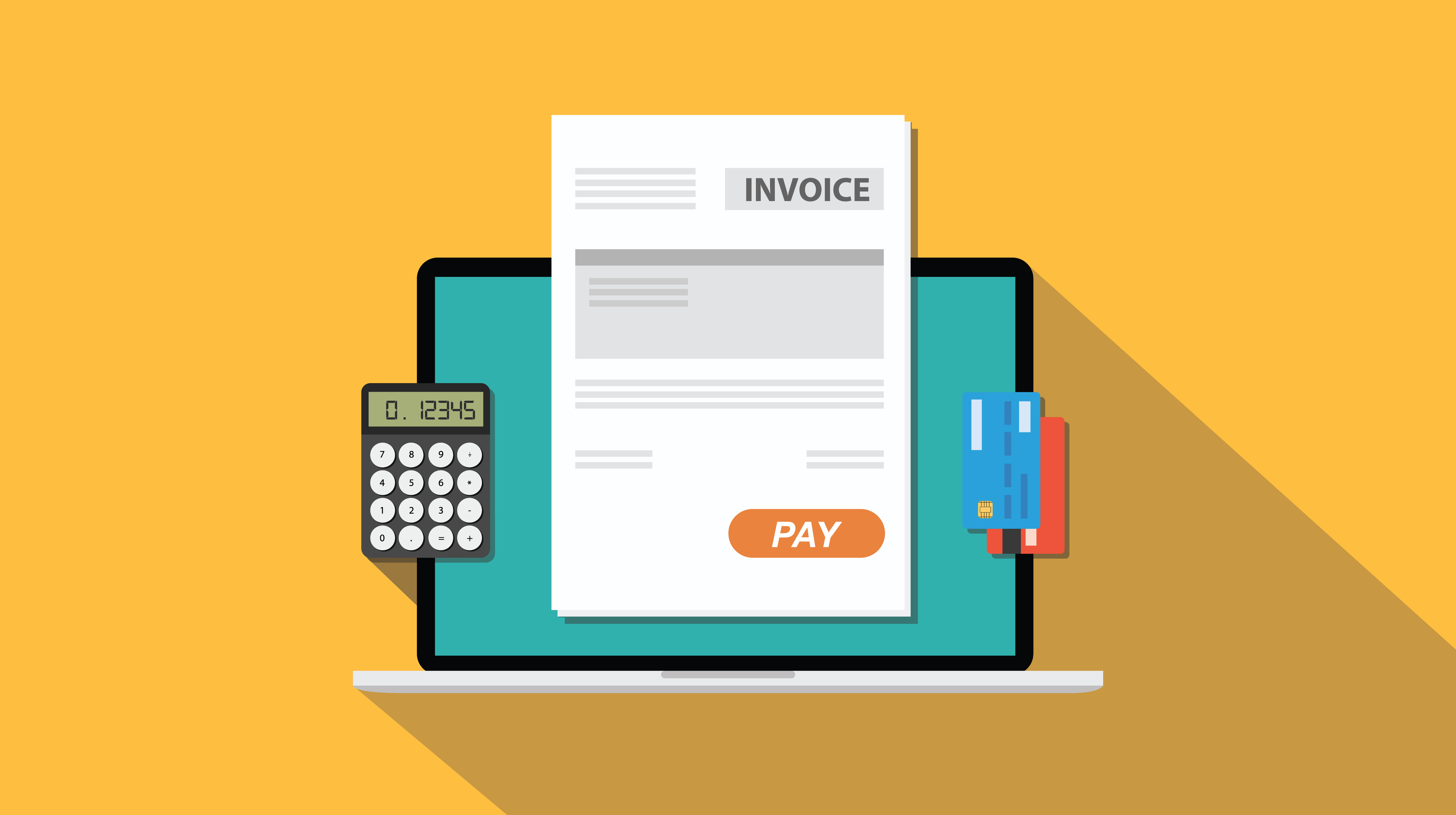 Illustration of a laptop with an invoice and payment elements.