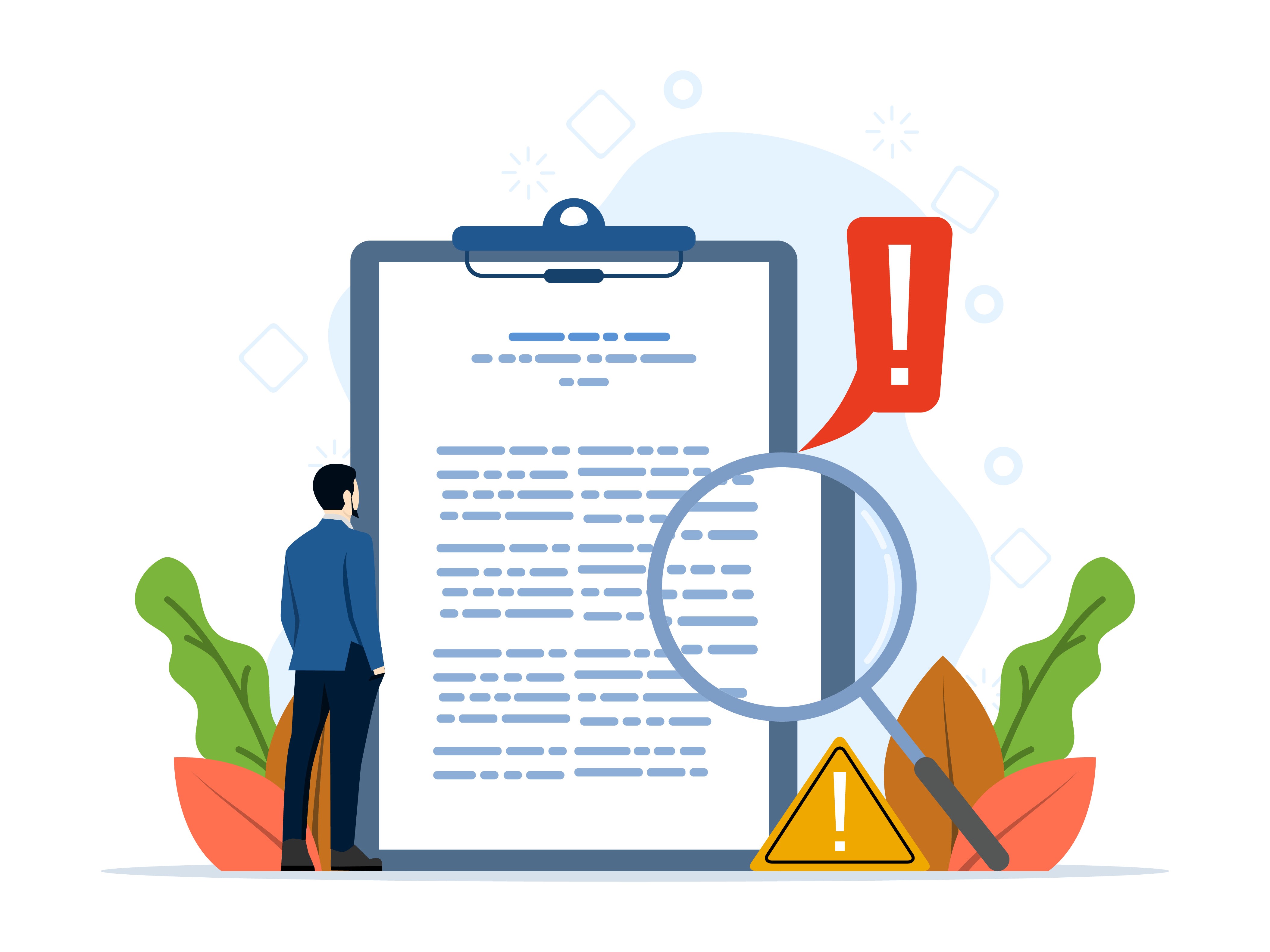 A person looking at a form that is flagging with issues with a magnifying glass.