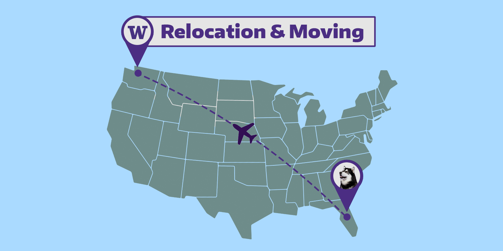A picture of a map that shows Dubs the husky moving across the US. A pinpoint at UW has a flag that says "Relocation & Moving"