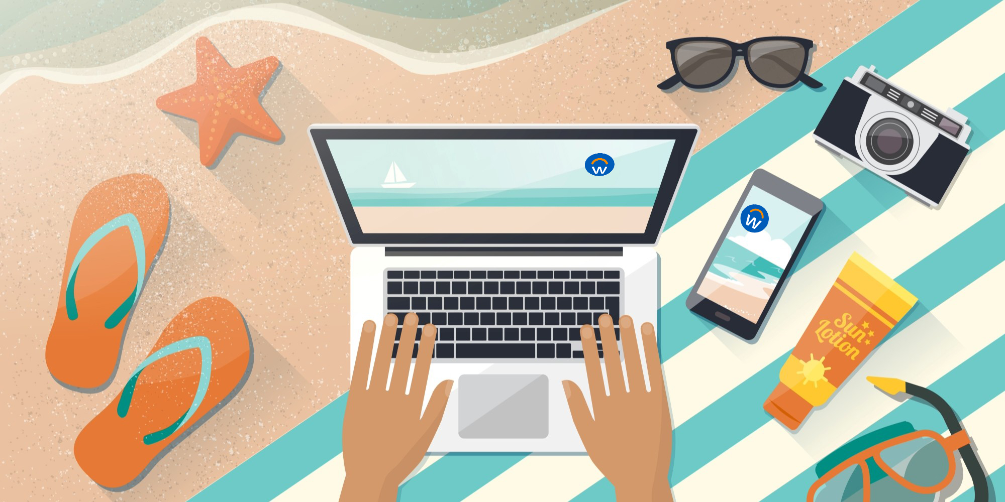 Someone doing work on a laptop while at the beach. On the laptop and phone is a Workday logo.