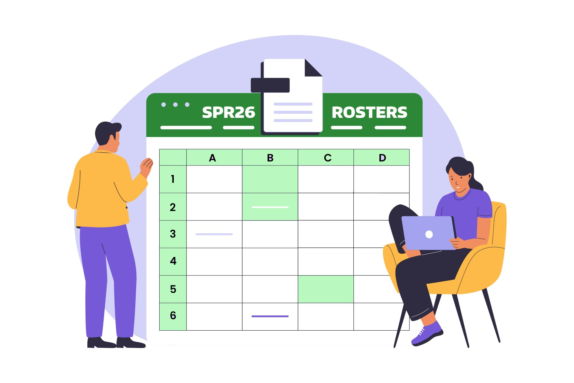 Illustration of two people with a "SPR26 Rosters" spreadsheet, one standing and one seated with a laptop.