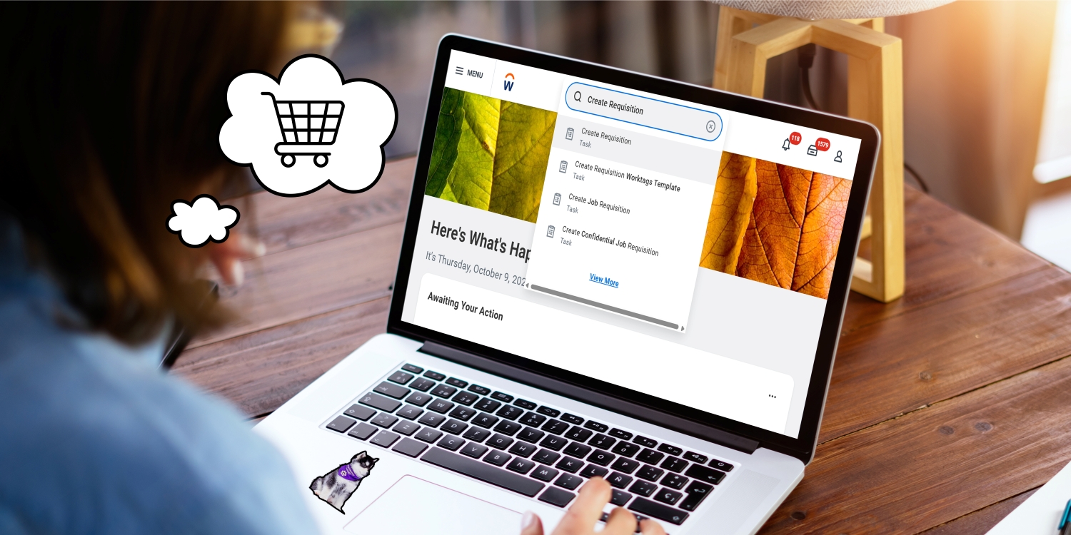 A person thinking about catalog shopping while looking at their laptop. Workday is open on the laptop with the "Create Requisition" task in the search bar.