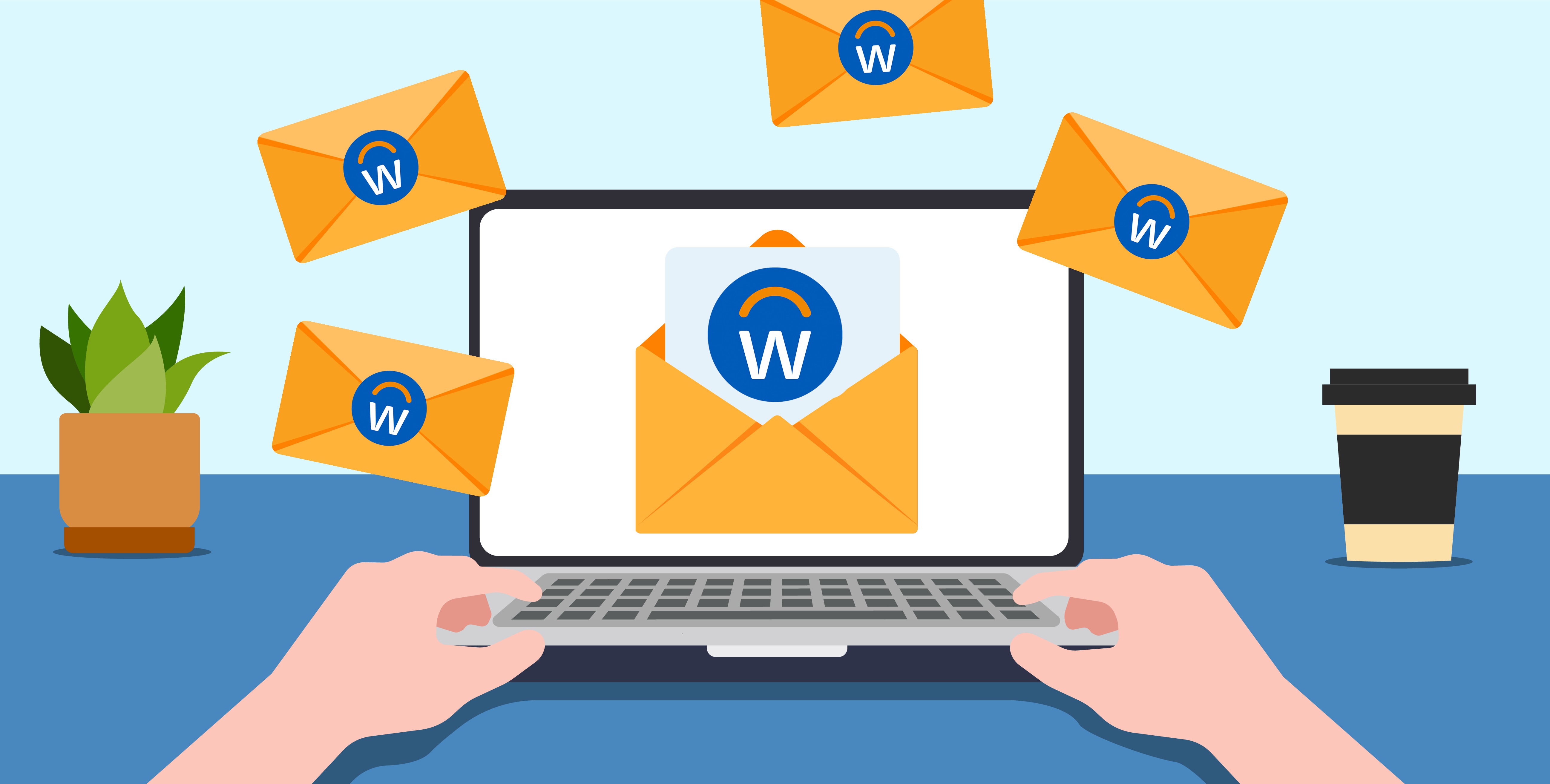 A person on the computer with Workday envelops flying out of their laptop.