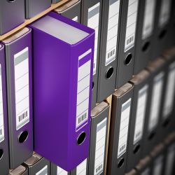 A row of binders with one purple binder sticking out.