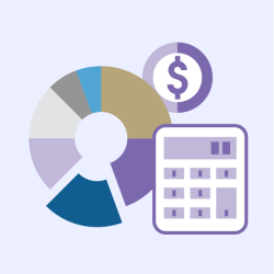 Illustration of a pie chart, dollar symbol, and calculator.