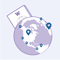 A purple globe with blue location pins and a passport featuring a "W."