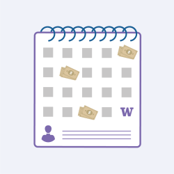 A simplified UW calendar page with stacks of money to indicate different pay days.