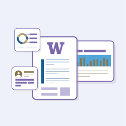 Graphic of overlapping UW documents featuring various charts, text.