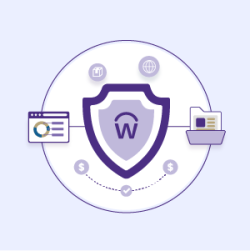 Illustration of a Workday shield surrounded by icons for a browser, document, globe, folder, and financial symbols.